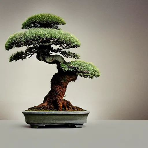 Image similar to A picture of a planet of various flowers, fungus and plants, Bonsai , in which the human figure is dressed in something magical and impressive, inside the picture is infinity, muted light, BotanicalAtmospheric phenomenon, artistic photography, muted colors, conceptual, Kodachrome