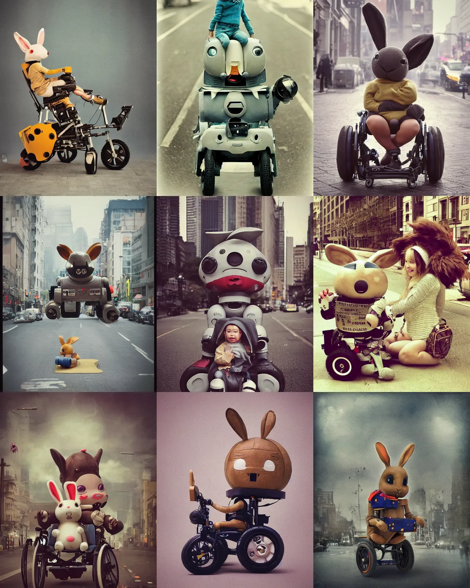 Prompt: cute! epic pose!!! giant oversized battle smiling rabbit robot chubby mech baby sport wheelchair! double decker with giant oversized ears and rabbit babies in sitting pose ,in busy city , full body , Cinematic focus, Polaroid photo, vintage , neutral dull colors, soft lights, foggy mist , by oleg oprisco , by national archives, by discovery channel, by victor enrich , by gregory crewdson