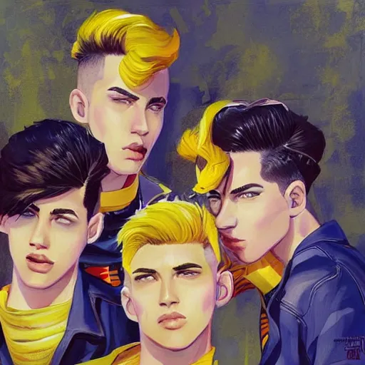 Image similar to a painting of three male teenagers with rockabilly haircuts holding yellow ice pops and looking at women in the streets high details by ross tran