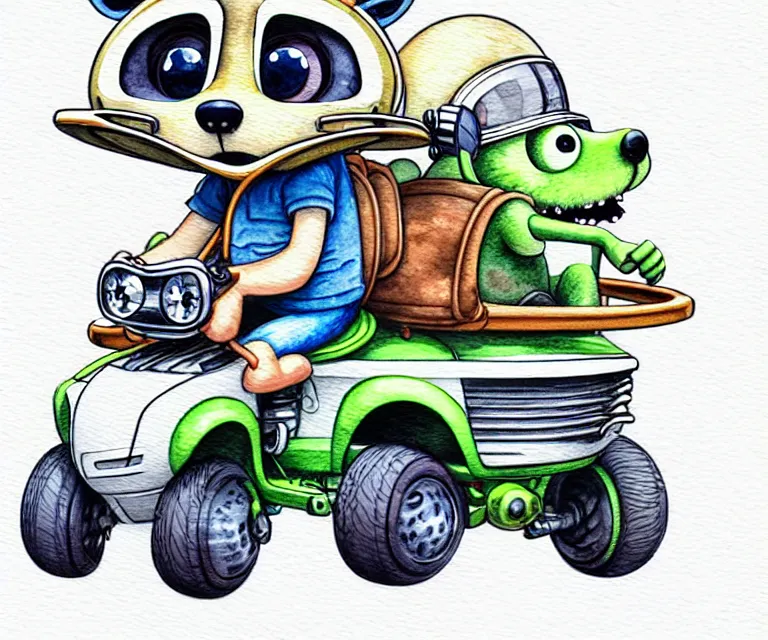 Prompt: cute and funny, racoon wearing a helmet riding in a tiny 4 wheeler with oversized engine, ratfink style by ed roth, centered award winning watercolor pen illustration, isometric illustration by chihiro iwasaki, edited by range murata, tiny details by artgerm, symmetrically centered