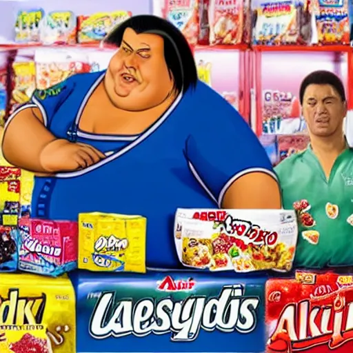 Image similar to obese steven seagal as sponsor of a sugary cereal called aikidos! with mischievous cartoon rat mascot