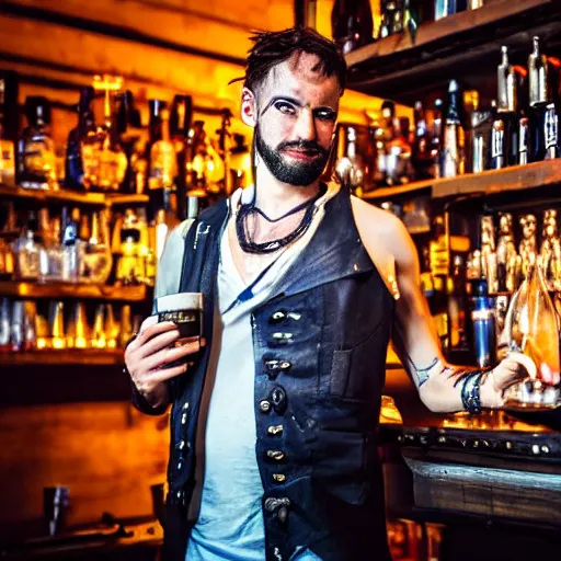 Image similar to a high quality portrait of a pirate bartender in a cyberpunk cyberpunk cyberpunk cafe, realism, 8k, award winning photo