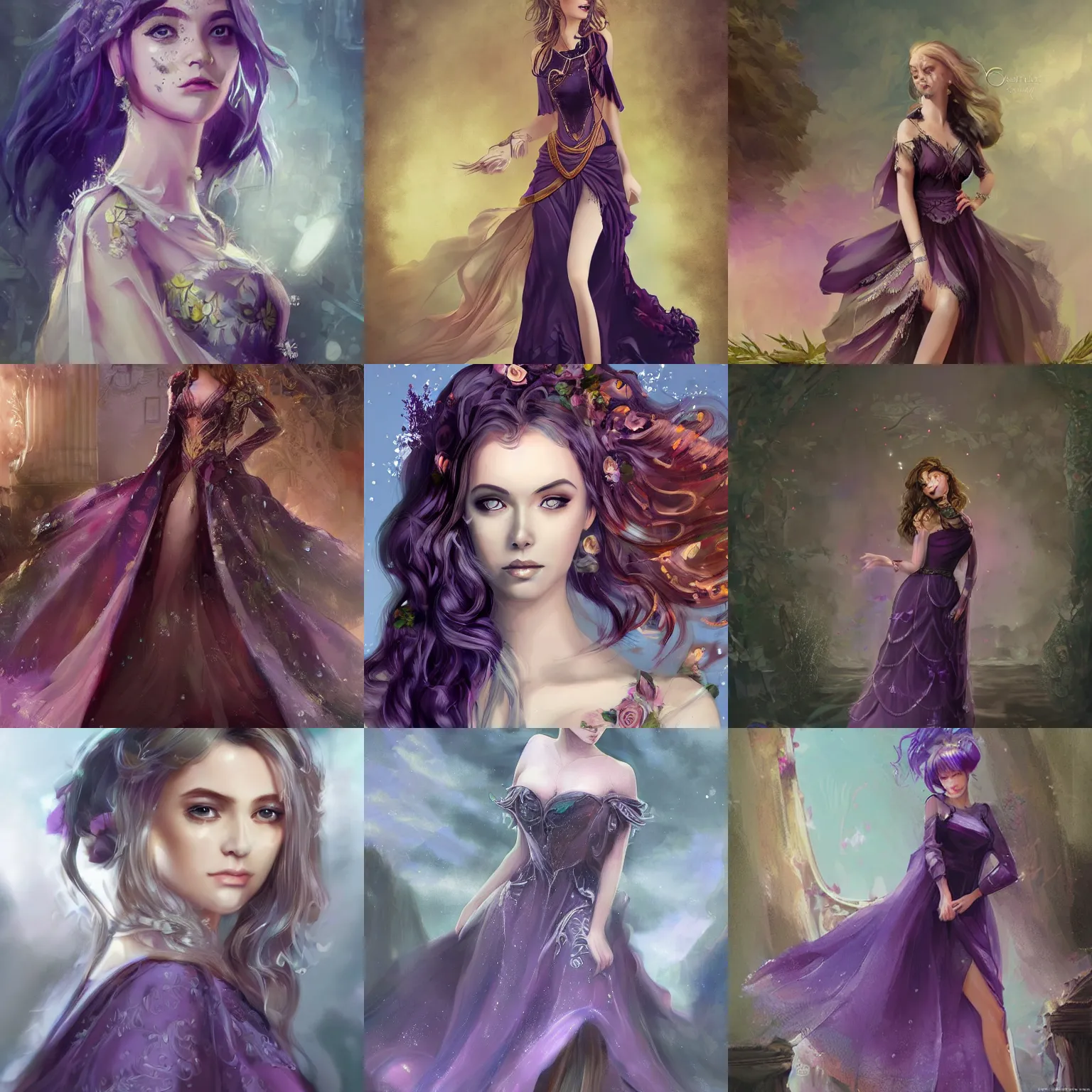 Prompt: pretty young woman wearing an ornate purple dress, digital art, high quality, inspired by charlie bowater, top rated