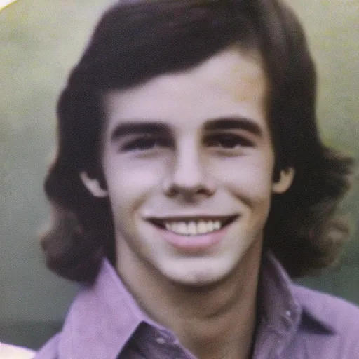 Image similar to a color photograph of a very handsome young guy in 1 9 7 8, he is at college