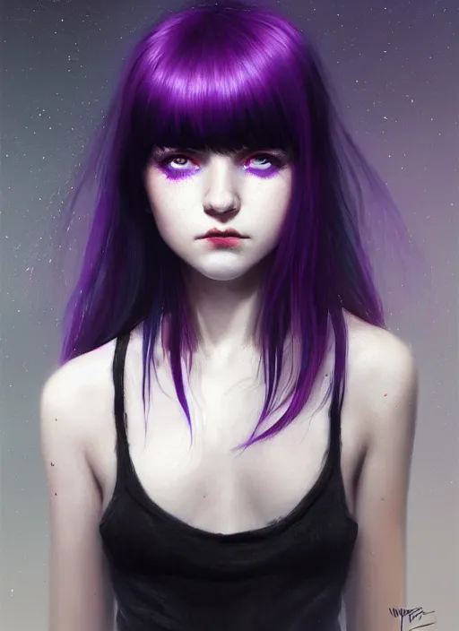 Image similar to portrait of teenage girl with white bangs, red irises, bangs, black and white hair, purple clothes, white bangs, two color hair, black hair and white bangs, intricate, elegant, glowing lights, highly detailed, digital painting, artstation, concept art, smooth, sharp focus, illustration, art by wlop, mars ravelo and greg rutkowski