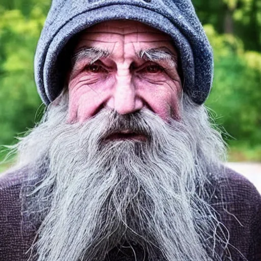 Prompt: an old bald druid wizard with bushy grey eyebrows, long grey hair and wearing a grey wizard hat, disheveled, wise old man, wearing a purple detailed coat, a bushy grey beard, sorcerer, he is a mad old man