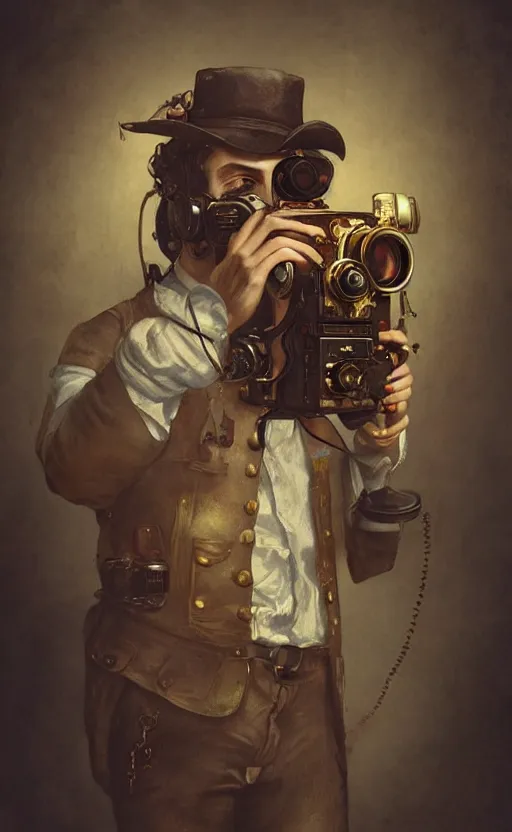 Image similar to hyper realistic male photographer looking through a vintage steampunk medium format camera, design on white background, beautiful details, lush foliage cyberpunk, gold, drawn by john singer sargent, tom bagshaw, norman rockwell, alphonso mucha, lolish, trending on artstation