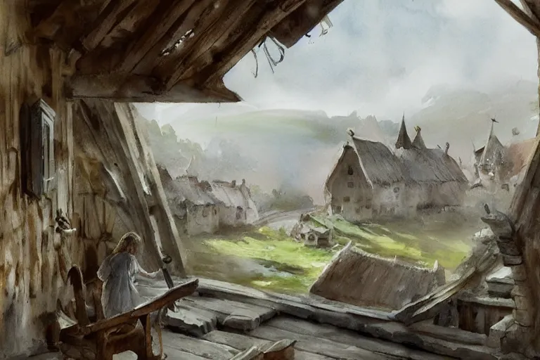 Image similar to paint brush strokes, abstract watercolor painting of rustic village fortress, interior closeup, medieval straw roof, scandinavian viking age, fog, ambient lighting, art by hans dahl, by jesper ejsing, art by anders zorn, wonderful masterpiece by greg rutkowski, cinematic light, american romanticism by greg manchess, creation by tyler edlin