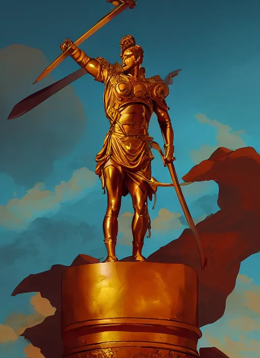 Prompt: golden statue of a victorious warrior raising his sword to the sky, heroic, glorious, in the style of artgerm, gerald brom, atey ghailan and mike mignola, vibrant colors and hard shadows and strong rim light, plain background, comic cover art, trending on artstation