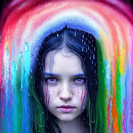 Prompt: portrait of a girl in the colorful rain with wet hair and face, fantasy, intricate, elegant, dramatic lighting, emotionally evoking symbolic metaphor, highly detailed, lifelike, photorealistic, digital painting, artstation, concept art, smooth, sharp focus, illustration, art by John Collier and Albert Aublet and Krenz Cushart and Artem Demura and Alphonse Mucha