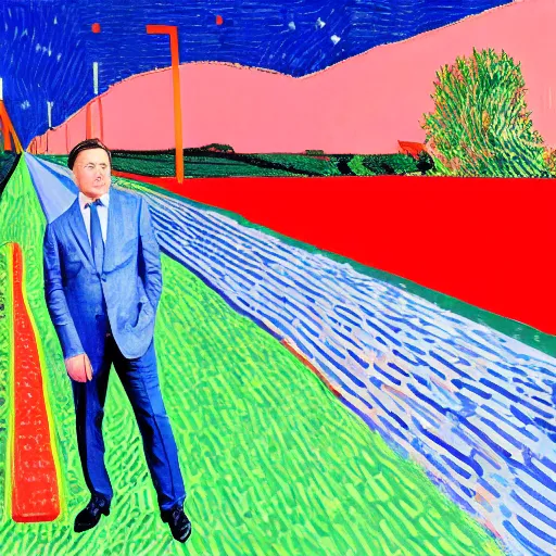Prompt: elon musk in a painting by david hockney, picasso, van gogh, on a bridge, in the sky, red, green, alpha