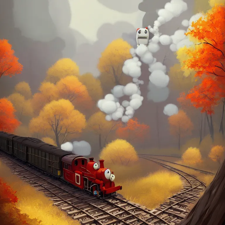 Image similar to Goro Fujita illustrating An antique steam train with a large white cloud coming out of the chimney travels through a beautiful autumn forest along the railroad tracks, art by Goro Fujita, concept art, sharp focus, ArtStation