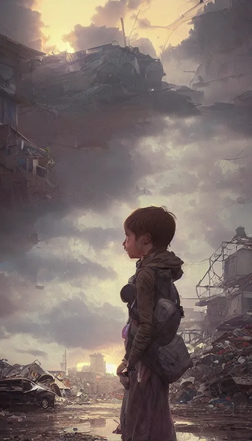 Image similar to poor detailed child with backpack standing at cars looking for food at garbage dump, destroyed cars, city is pure wasteland, moody sunset in background, greg rutkowski, alphonse mucha, trending on artstation, artgerm, unreal engine, breathtaking, award winning, highly detailed