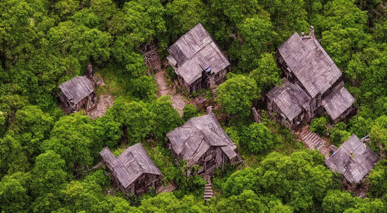 Prompt: overhead view of an old rustic house in a forest in final fantasy