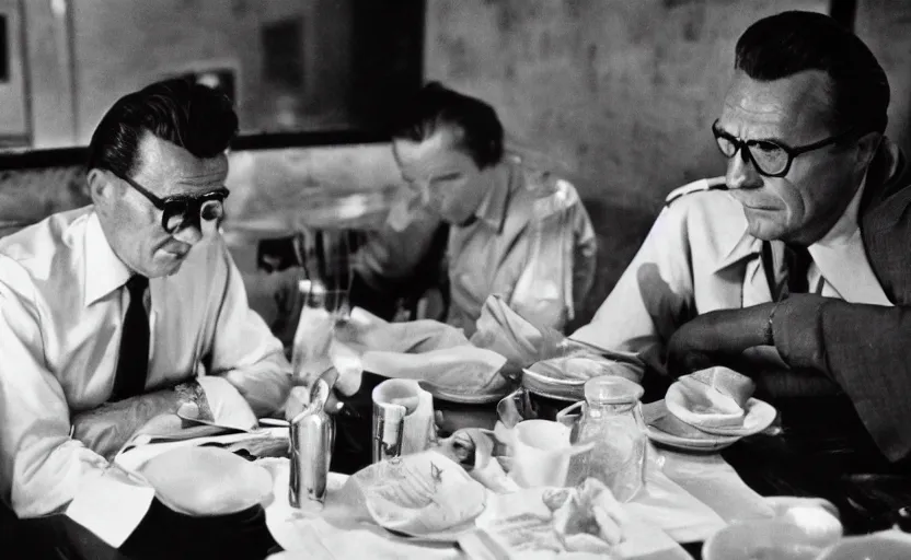 Prompt: 60s movie still of Josip Broz Tito at a great diner, by Irving Penn , Cinestill 800t 10mm black and white, heavy grainy picture, very detailed, high quality, 4k, HD criterion, precise texture