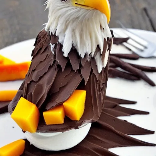 Image similar to a bald eagle made of chocolate powder, mango, and whipped cream