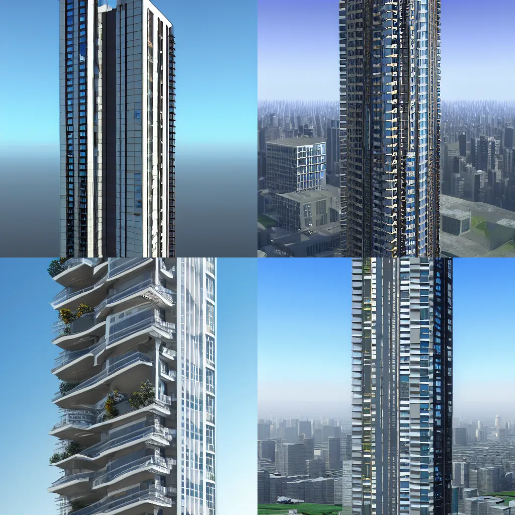 Prompt: modern and sustainable skyscraper, very detailed, rendered in v-ray