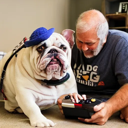 Prompt: Buddy the graying middle aged homeless man playing xbox and petting an english bulldog wearing a crown, dog wearing a crown