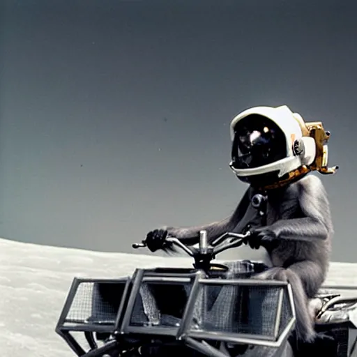 Prompt: photo of monkey wearing a space helmet riding an atv on the moon,