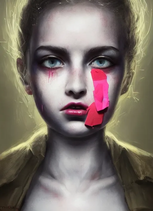 Image similar to portrait of sinister girl with pouty aerochrome lips, bodachs, unforgivable, cute bandaid on nose!!, expressive eyes, full body, deathly skin, greg rutkowski, charlie bowater, yuumei, stephen gammell, unreal 5, daz, hyperrealistic, octane render, rpg portrait, dynamic lighting, fantasy art, beautiful face