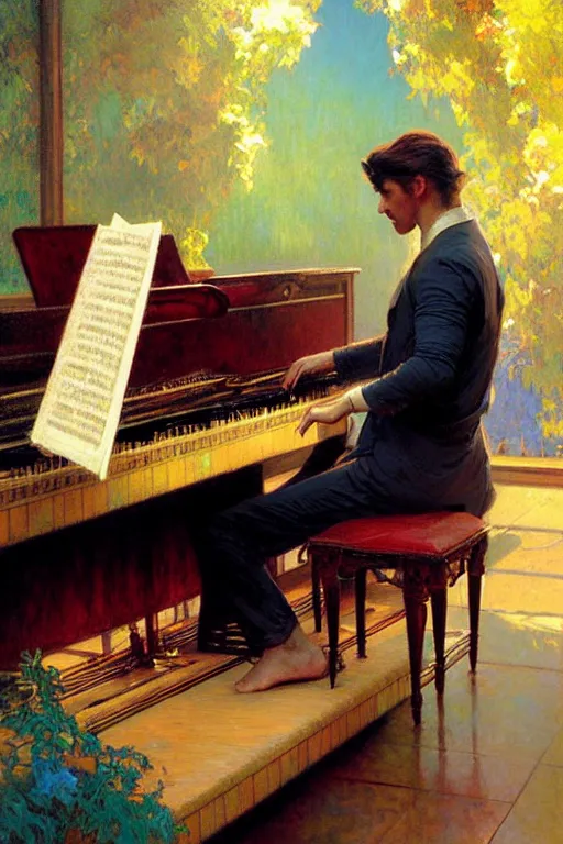 Image similar to attractive man playing piano, cool colors, painting by gaston bussiere, craig mullins, greg rutkowski, alphonse mucha