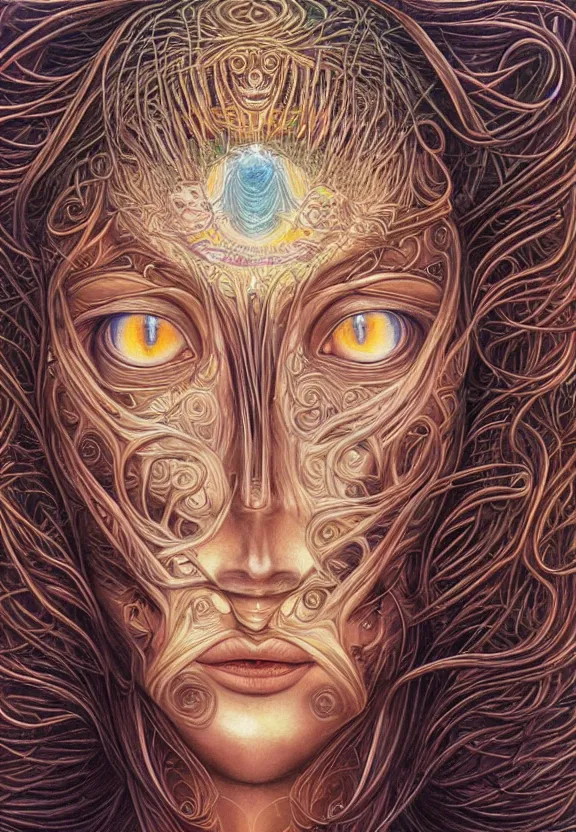 Image similar to perfectly centered portrait front view of a beautiful biomechanical moon goddess, flowing hair, intense stare, sweet smile, symmetrical, concept art, intricate detail, volumetric shadows and lighting, realistic oil painting by alex grey,