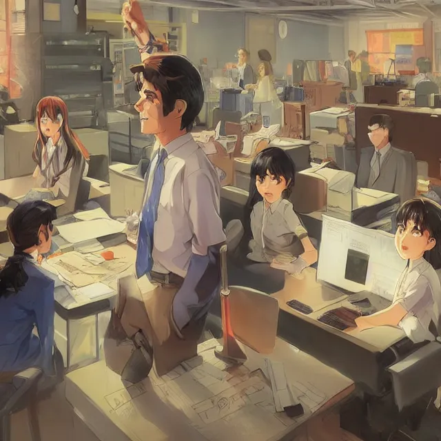 Image similar to netflix's the office anime reboot, promo, digital painting, artstation, concept art, smooth, sharp focus, illustration, art by konstantin korovin and daniel f. gerhartz and john howe