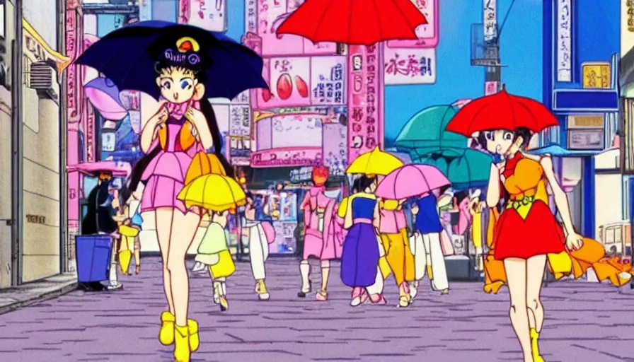 Prompt: A film still from a 1990s Sailor Moon cartoon featuring a girl with an umbrella walking through a side street in Japan