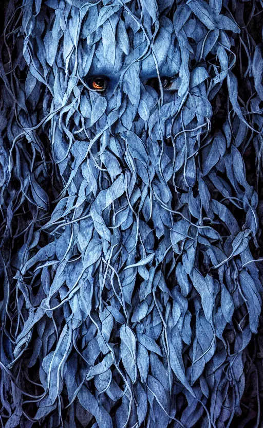 Prompt: blue vines in a dark cave forming a human face, creepy, extreme detail