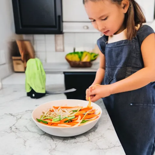 Prompt: small girl making spring rolls in the kitchen and mom is helping