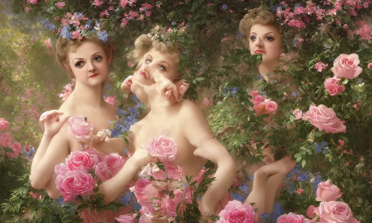 Image similar to a luminous springtime fairytale of beautiful realistic Angela Lansbury with a pretty face dancing with an iridescent dragon in a romantic rose garden. Neon light, masterpiece 4k digital illustration by Artgerm and William-Adolphe Bouguereau, award winning, Artstation, Gustave Dore\' background, intricate details, realistic, panoramic view, volumetric lighting, Hyperdetailed, 8k resolution, intricate art nouveau, golden hour, rendered in Unreal Engine 3