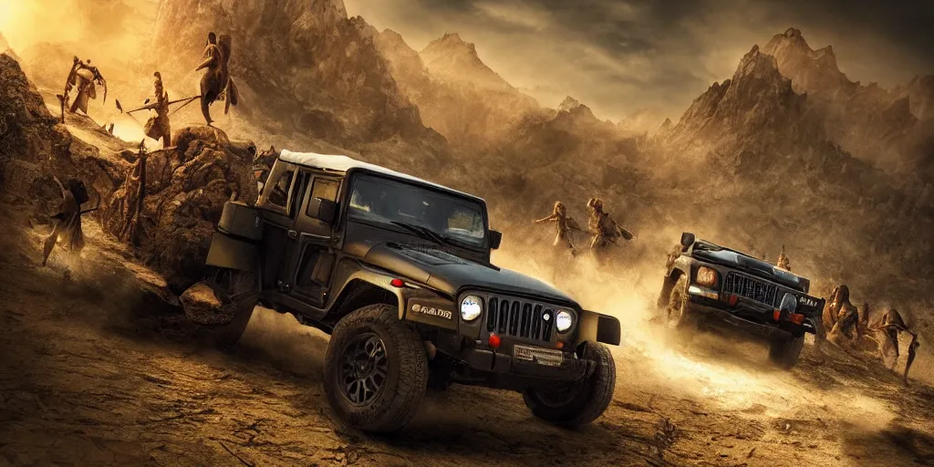 Prompt: Mahindra thar, tribe members attacking, action scene, an epic fantasy, dramatic lighting, cinematic, establishing shot, extremely high detail, photorealistic, cinematic lighting, artstation, by christopher nolan, shadow of the tomb rider
