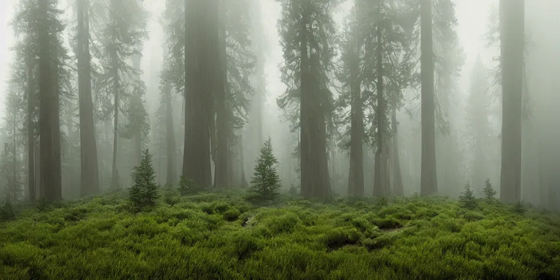 Prompt: Douglas Fir and Redwood forest in northern california, ground scattered with woodsorrel, horsetails, fairybells and other minor shrub plants, misty, foggy air. Trending on Artstation, deviantart, worth1000. By Greg Rutkowski. National Geographic and iNaturalist HD photographs