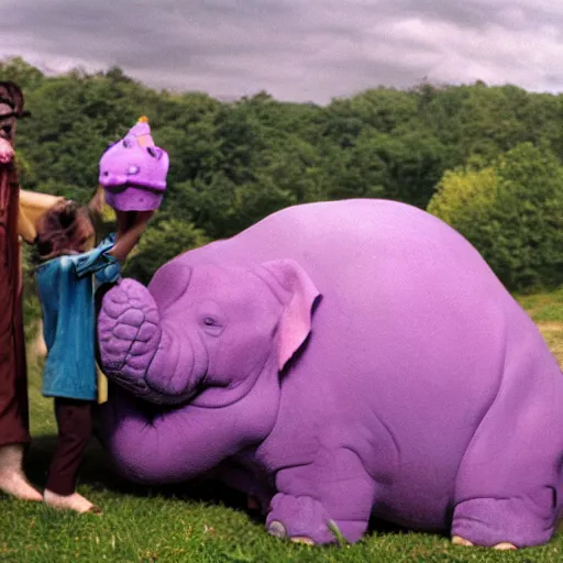 Image similar to the legend of big sir large purple elephant hippo monster, film still