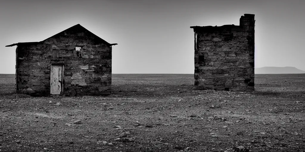 Image similar to a lonely building wandering through a desolate landscape