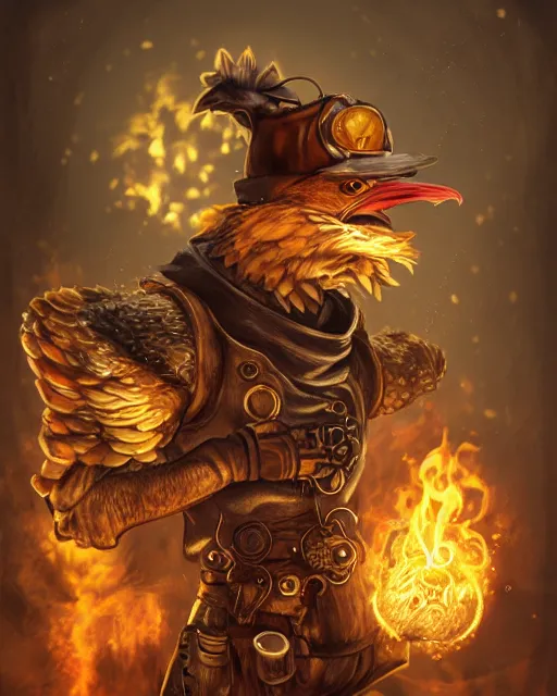 Image similar to Chicken, Anthropomorphized, holding flamethrower, raging, Golden Steampunk city atmosphere, magic the gathering artwork, D&D, fantasy, cinematic lighting, centered, symmetrical, highly detailed, digital painting, artstation, concept art, smooth, sharp focus, illustration, volumetric lighting, epic Composition, 8k, art by Akihiko Yoshida and Greg Rutkowski and Craig Mullins, heroic pose, oil painting, cgsociety