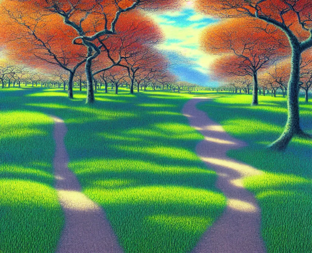 Prompt: a landscape pastel in the style of noriyoshi ohrai, mark tedin and bob ross of an orchard where all the trees are made of chrome metal. a path leads through th eorchard key art. 4 k retrofuturistic fantasy