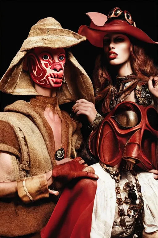 Image similar to dolce & gabbana campaign featuring jar jar binks as a female cowgirl, long eyeslashes, huge juicy lips, big seductive eyes, shot by mario testino, realistic vfx simulation