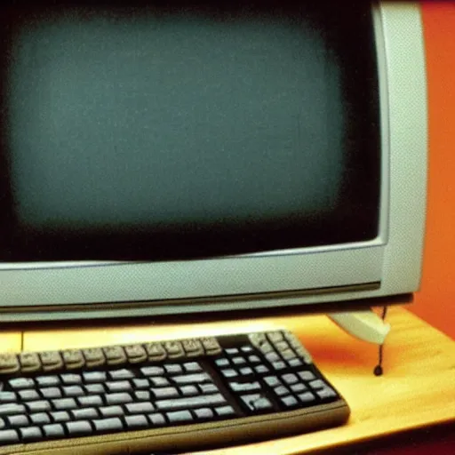 Prompt: slightly blurry and grainy photographic proof of a 8 0 s 8 bit homecomputer and peripherals and tv monitor that never was released tp the public.