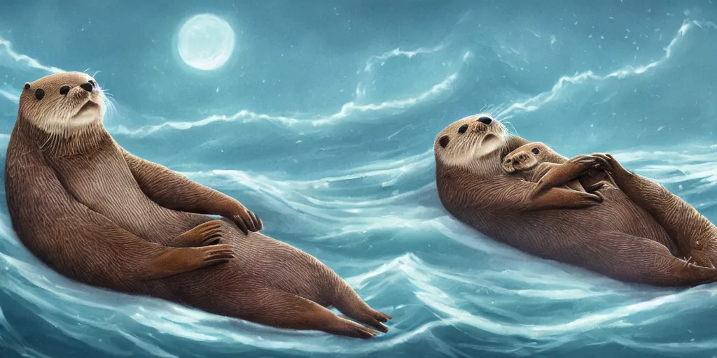 Image similar to otters hold hands while they sleep so nobody will drift away to the sea during the stormy night , fantasy illustration, cinematic, award winning, romantic, detailed trending on artstation, masterpiece
