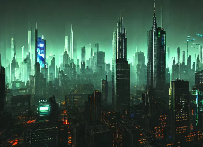 Prompt: cyberpunk scifi scene of new york skyline at night, drones flying, artstation, matt painting, very detailed, maximalism, ambient occlusion, volumetric light, atmospheric haze, unreal engine, hyper realism, realistic shading, cinematic composition, realistic render, octane render, detailed textures, photorealistic, wide shot