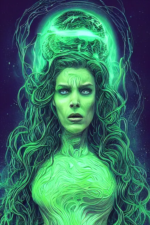 Prompt: beautiful woman fused with a green soulless husk, lovecraft, android, cosmic entity, the thing, the blob, long curly hair, ghostly, portrait, intricate details, by vincent di fate, artgerm, julie bell, beeple and Greg Rutkowski, 80s, concept, Smooth gradients, octane render, 8k, High contrast, duo tone, depth of field, very coherent symmetrical artwork