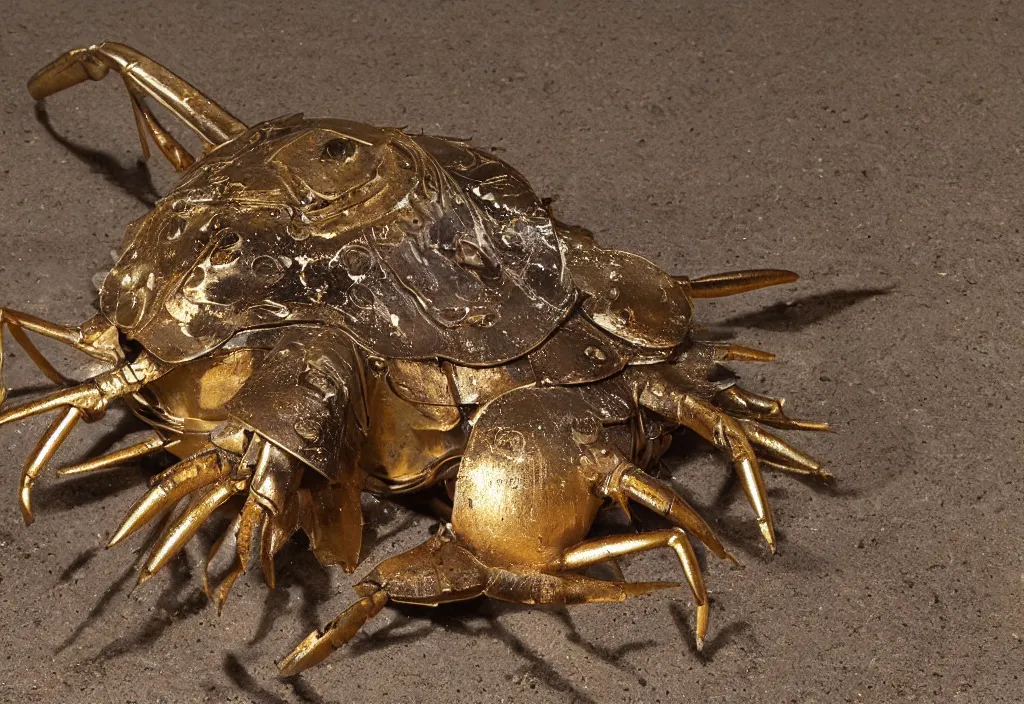 Prompt: a museum photo of an old horseshoe crab golden idol