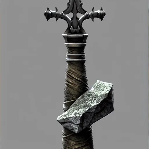 Prompt: sword stuck in a stone while the once skeleton was trying to get it out, rain, stones, ultra realistic, artstation