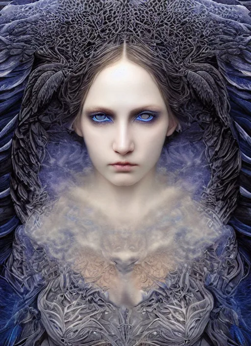 Image similar to Her huge ominous glowing blue eyes staring into my soul , perfect eyes, soft pale white skin, intricate stunning highly detailed, agostino arrivabene, artgerm, twisted dark lucid dream, 8k portrait render, raven angel wings, swirling thick smoke , beautiful lighting, dark fantasy art, cgsociety
