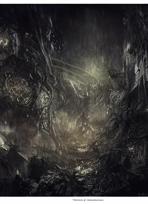 Image similar to an explosion of fractals, dark colors, sinister atmosphere, dramatic lighting, cinematic, establishing shot, extremely high detail, photo realistic, cinematic lighting, pen and ink, intricate line drawings, by Yoshitaka Amano, Ruan Jia, Kentaro Miura, Artgerm, post processed, concept art, artstation, matte painting, style by eddie mendoza, raphael lacoste, alex ross