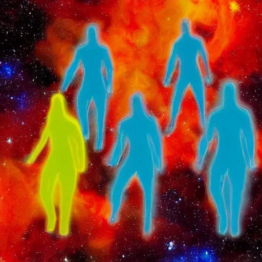 Image similar to ghost people on starship, nebula, colorful, clear