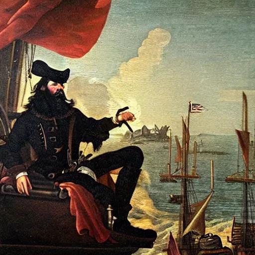 Prompt: an old 1 7 2 0 painting of blackbeard on his ship while a lighting strucks into the ship,