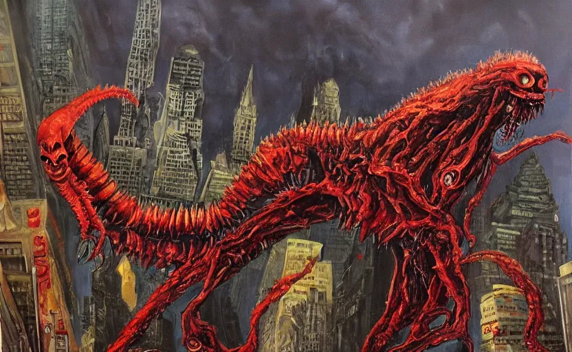 Image similar to an oil painting of atompunk red alert monster that consumes new york city in style of lovecraftian horror by simon bisley