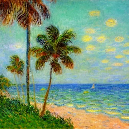 Prompt: a painting of a beautiful beach in Miami, trending on artstation, masterpiece, in the style of Claude Monet